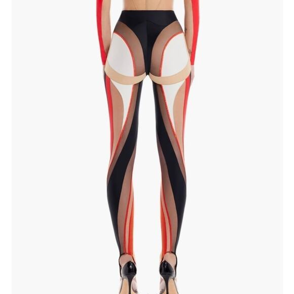 NWT Thierry Mugler Spiral Stirrups Leggings Black Red Nude Size 36 - Picture 10 of 10
